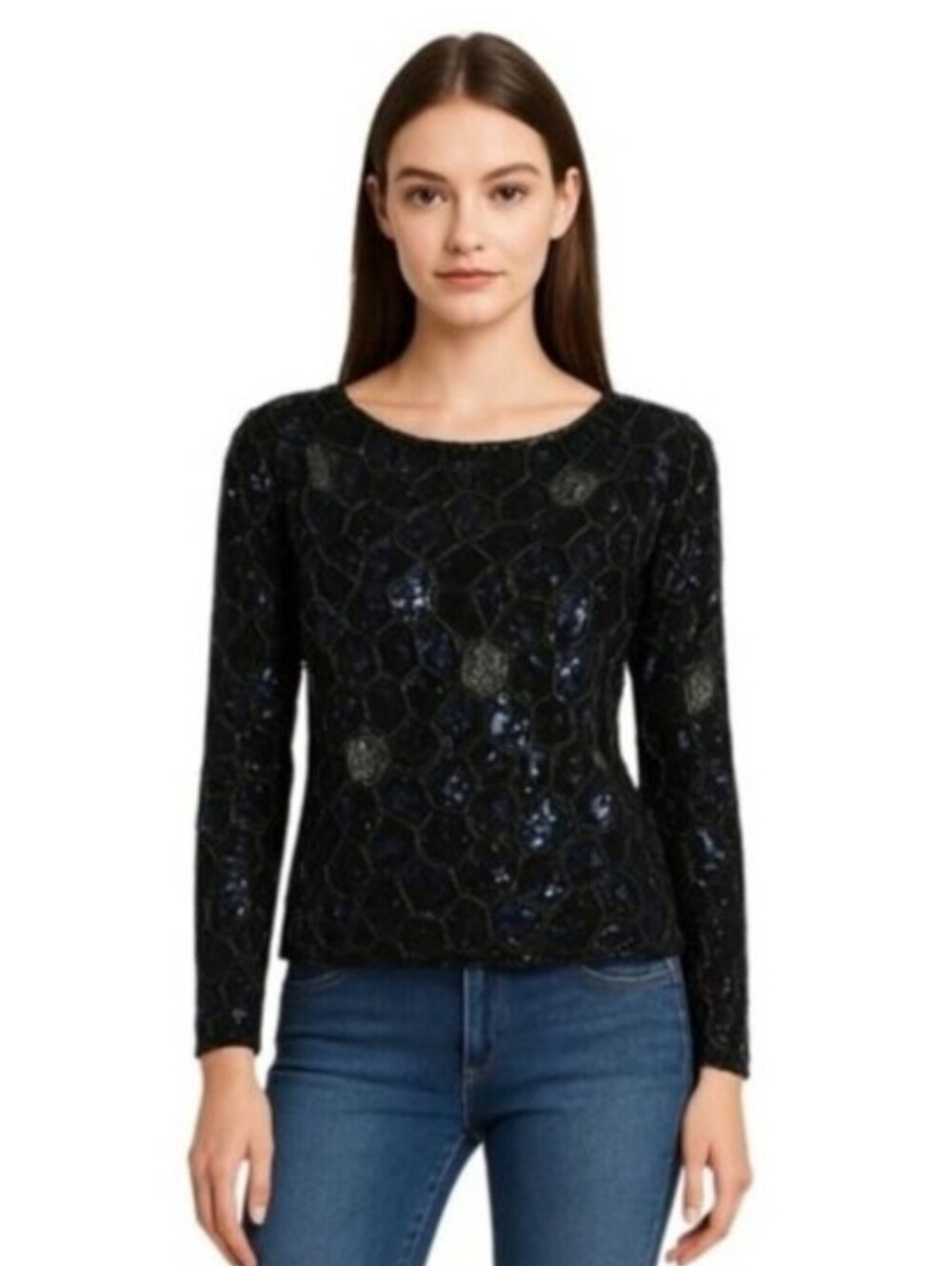 Swee lo Vintage Black Silk Sequin Beaded Long Sleeve Blouse